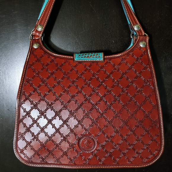 SILVERTIP Hobo Satchel Tooled Leather Saddle Brown and Turquoise Blue and Silver - Picture 5 of 12